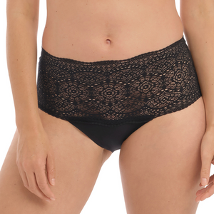 Invisible stretch brief with smoothing lace band, in black