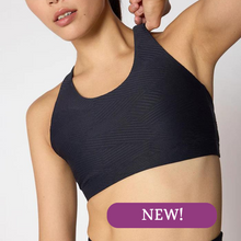 Load image into Gallery viewer, Black medium support pull over sports bra, front view
