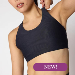 Black medium support pull over sports bra, front view