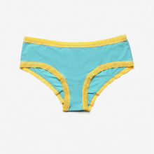 Load image into Gallery viewer, Blush Micro Lace Trim Hipster blue with yellow trim

