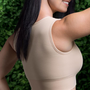 PrairieWear Hugger PRIMA beige side view showing full back coverage from shoulders to ribcage