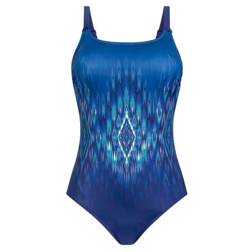 Rome pocketed swimsuit. 1 piece, Navy and Turquoise, front view