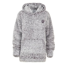 Load image into Gallery viewer, Light grey with subtle lilac accents, fuzzy hooded sherpa sweater with kangaroo pouch
