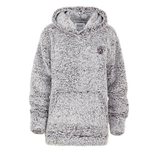 Light grey with subtle lilac accents, fuzzy hooded sherpa sweater with kangaroo pouch