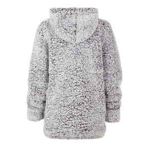Light grey with subtle lilac accents, fuzzy hooded sherpa sweater with kangaroo pouch, back view