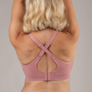 Bravado Beaucoup nursing and pumping bra in Roseclay colour, back view, racer back straps.