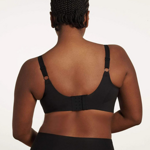 Evelyn & Bobbie Beyond Bra in Black. Rear view show back clasp and shoulder straps.