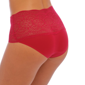 Invisible stretch brief with smoothing lace band, in red, back view