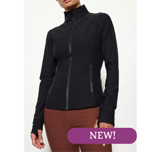 Load image into Gallery viewer, Black zip up athletic jacket, front view shows high collar, zipper front pockets, and thumb holes in sleeves.
