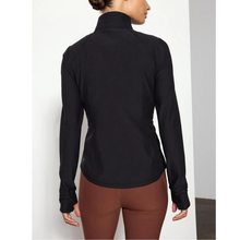 Load image into Gallery viewer, Black zip up athletic jacket, rear view.

