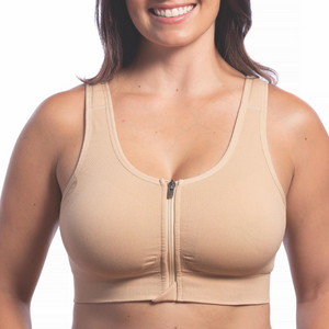 PrairieWear zipper front post surgical compression support bra, beige