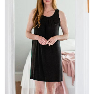Black bamboo tank nightie with gathered front neckline, knee length