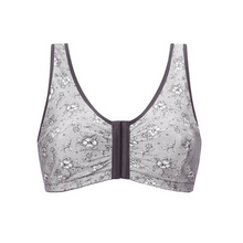 Load image into Gallery viewer, Amoena front close mastectomy comfort bra grey with floral print 
