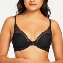 Load image into Gallery viewer, Pretty high apex cup with ultra-soft stretch mesh Plunge neckline with delicate lace trim 4-way stretch lightweight foam cup Ultra-smooth stretch lace at band black
