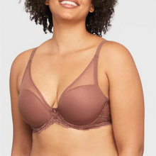 Load image into Gallery viewer, Pretty high apex cup with ultra-soft stretch mesh Plunge neckline with delicate lace trim 4-way stretch lightweight foam cup Ultra-smooth stretch lace at band mauve
