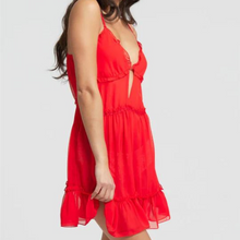 Load image into Gallery viewer, Montelle Frida Chemise V Neckline Chiffon Dotted Trim and ruffles Adjustable straps red
