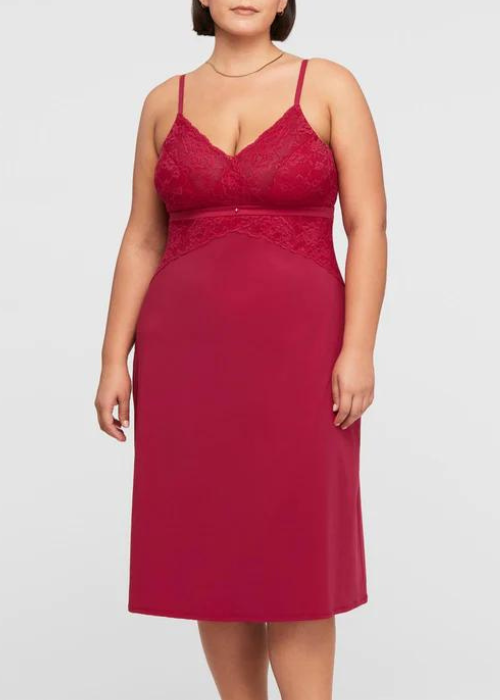 Montelle Bust Support Gown knee length Detail at neckline with smooth stretch floral lace bright pink 